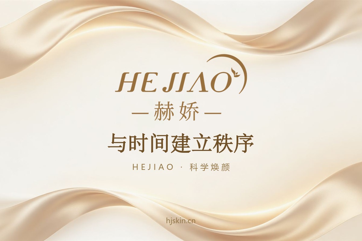 赫娇HEJIAO品牌官方形象图，金色丝绸主视觉，与时间建立秩序，科学焕颜